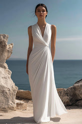 Weißes Langes Standesamtkleid mit V-Ausschnitt und Rüschen